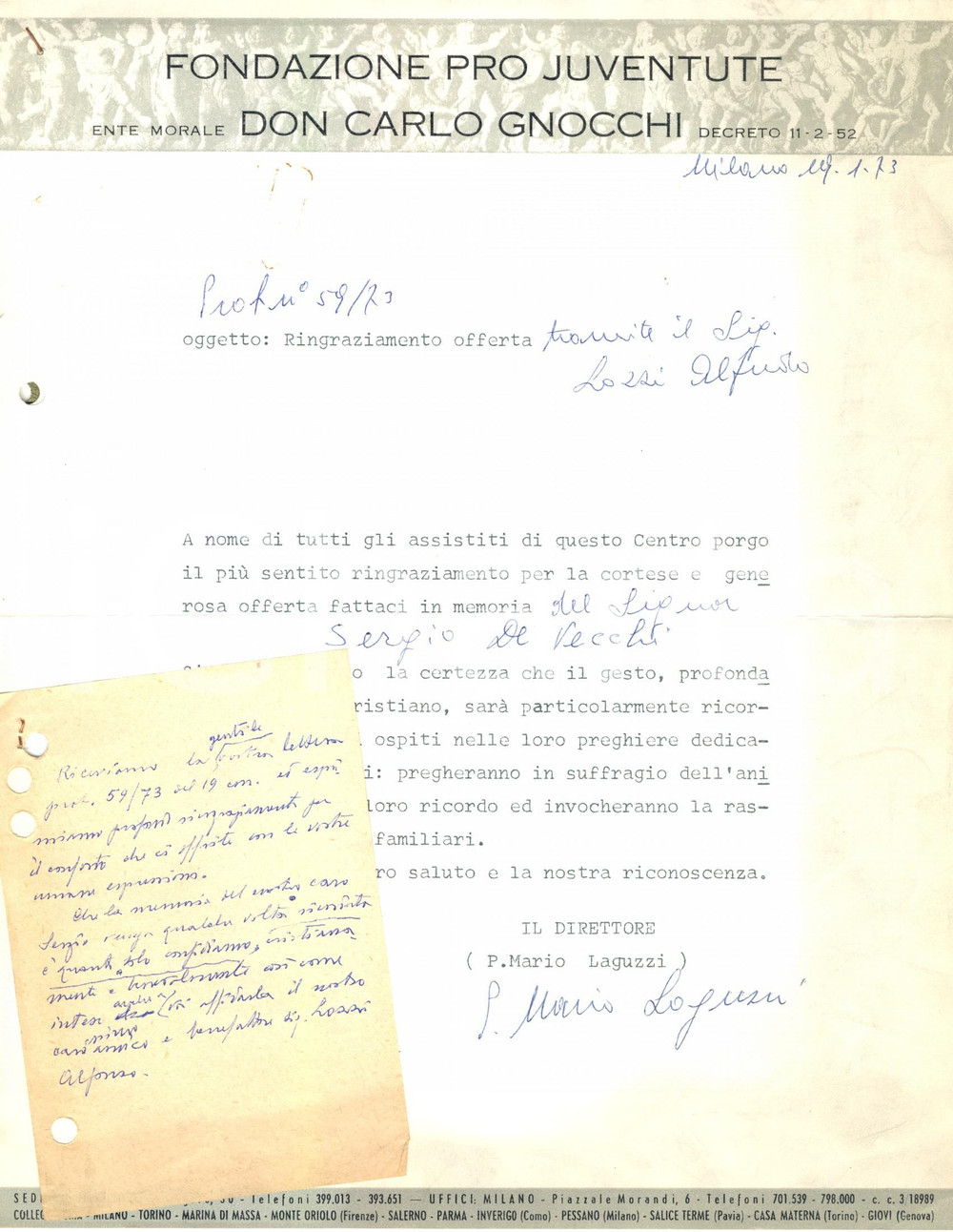 Manoscritto, lettera originale 1973 MILANO Fondazione DON CARLO GNOCCHI Lettera padre Mario LAGUZZI *Autografo 1