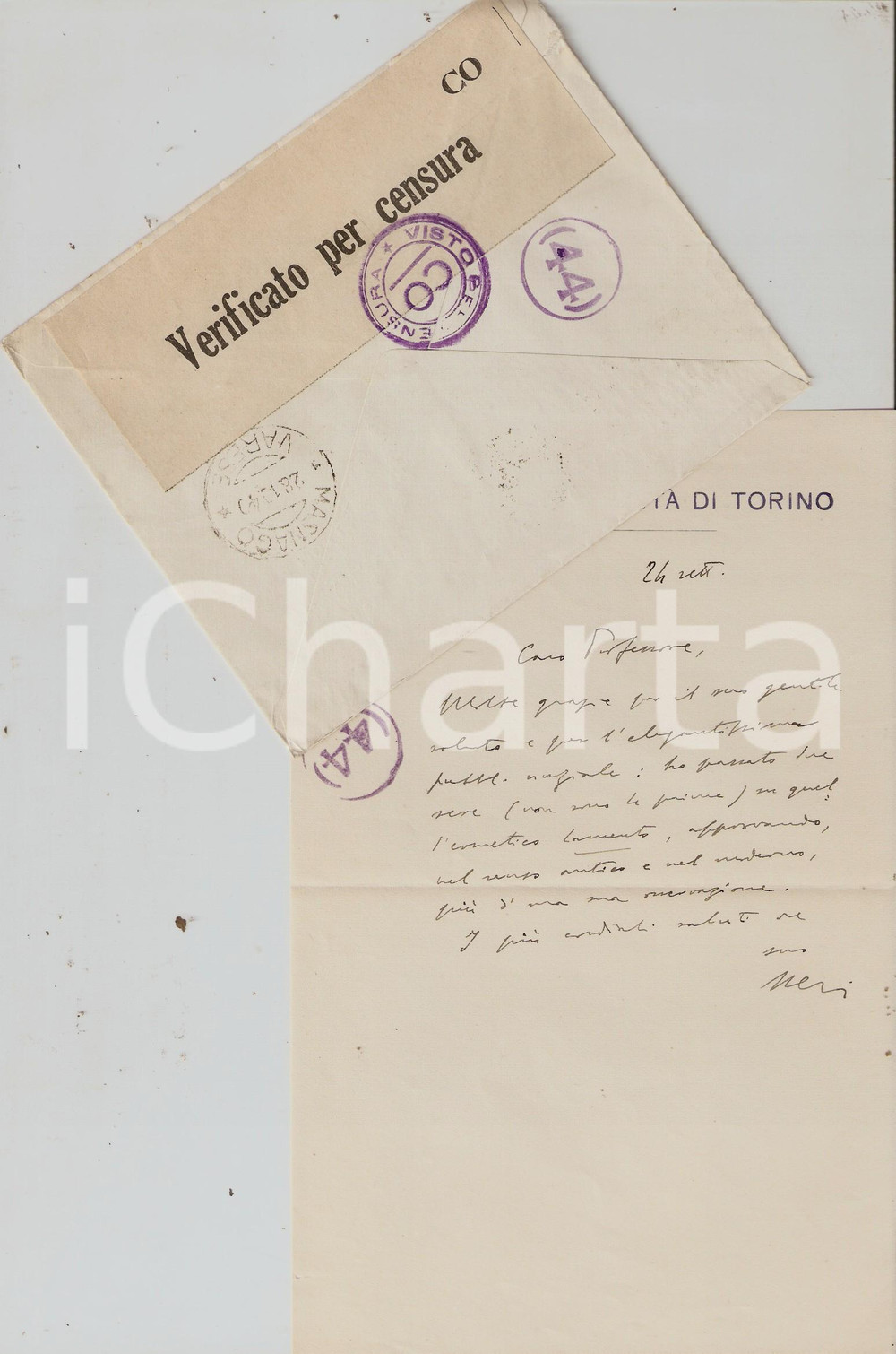 Autografo originale 1940 TORINO Lettera Ferdinando NERI a Gerolamo LAZZERI CENSURA Autografo 1