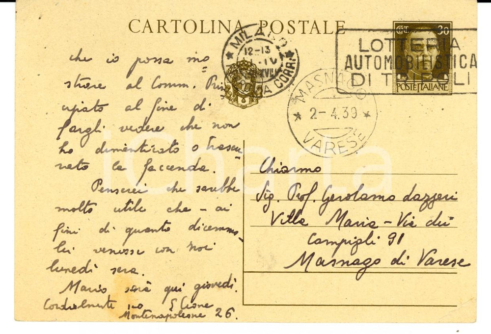 Autografo originale 1939 MILANO Domenico Edmondo CIONE invita a cena Gerolamo LAZZERI Autografo 1