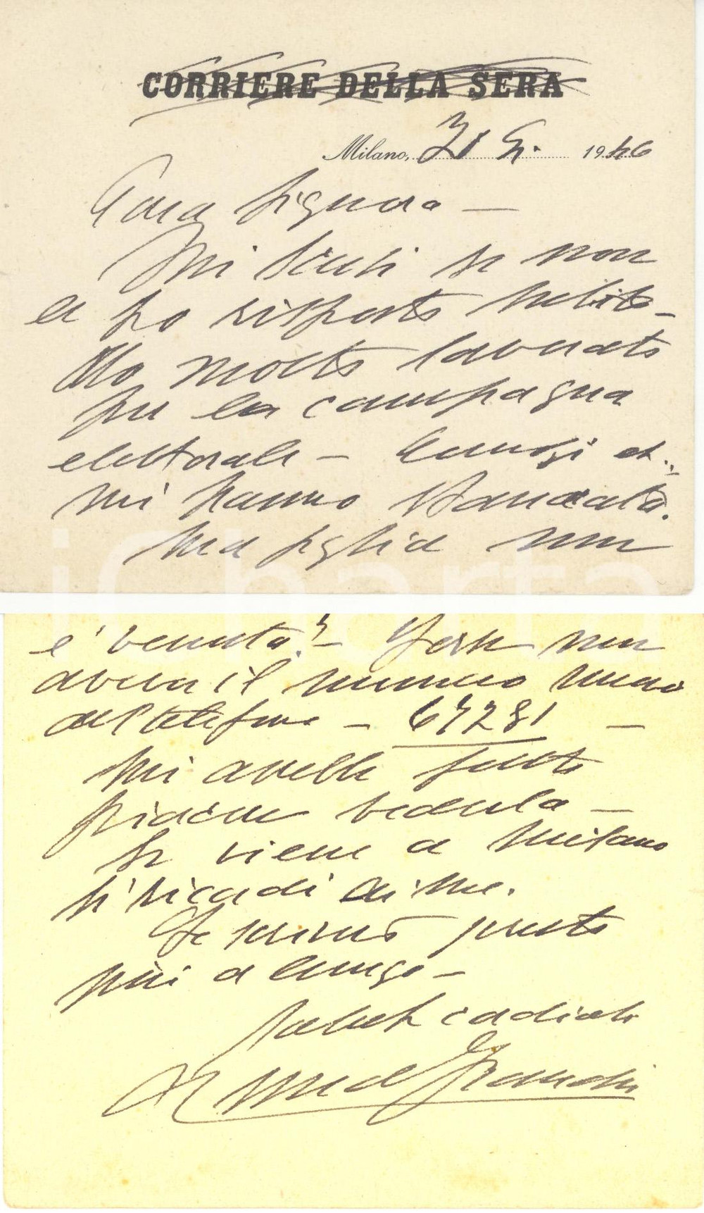 Autografo originale 1946 MILANO CORRIERE DELLA SERA Anna FRANCHI impegnata per 2 giugno Autografo 1