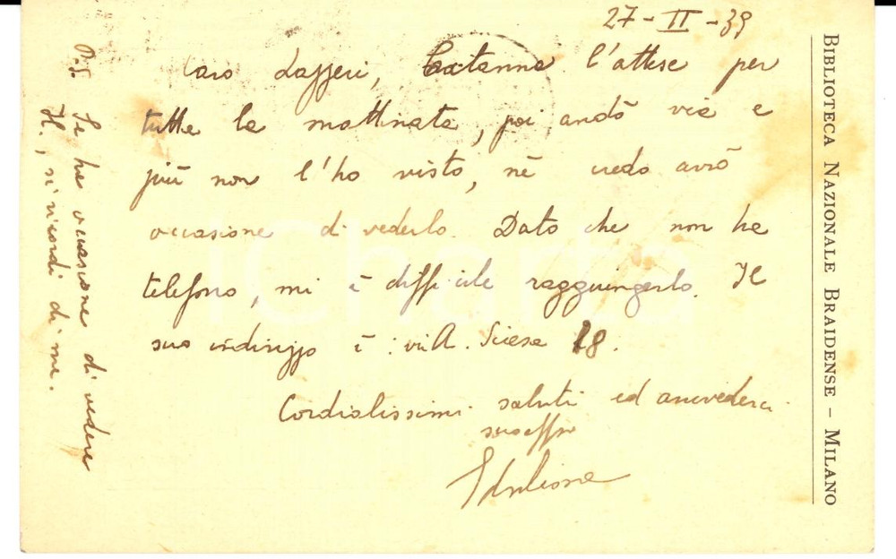 Autografo originale 1939 MILANO Biblioteca BRAIDENSE Lettera Domenico Edmondo CIONE *Autografo 1