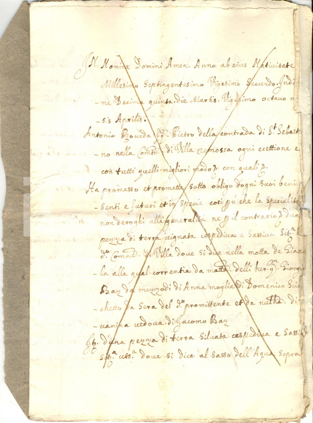 Documento originale, autentico 1722 SAN SEBASTIANO SO Antonio ROVEDA pone immobili a garanzia di un debito 1