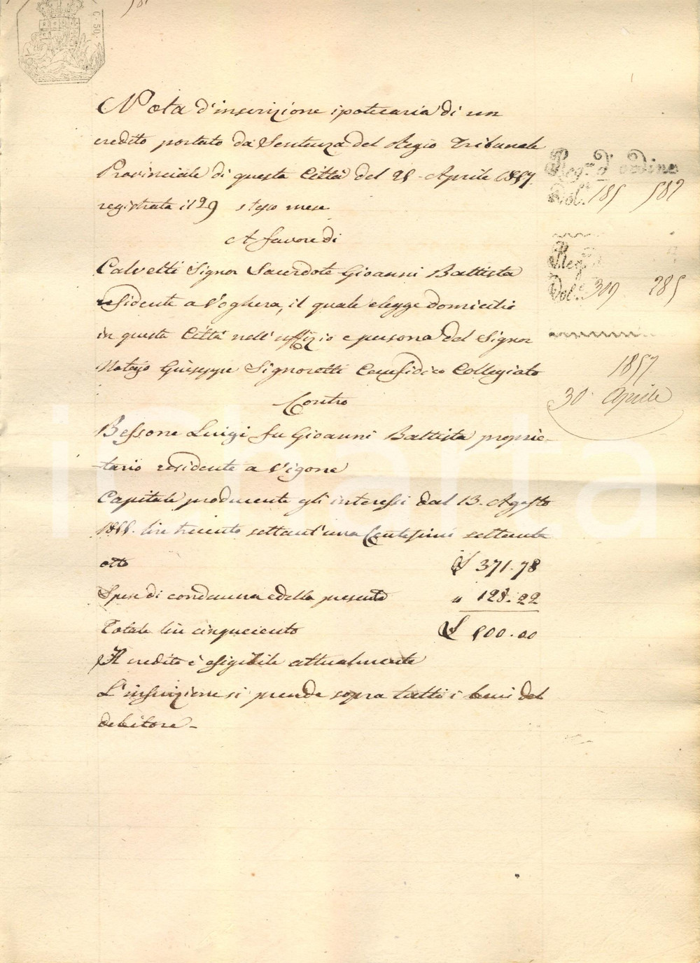Documento originale, autentico 1857 VIGONE (TO) Sacerdote Giovanni Battista CALVETTI vs Luigi BESSONE debitore 1