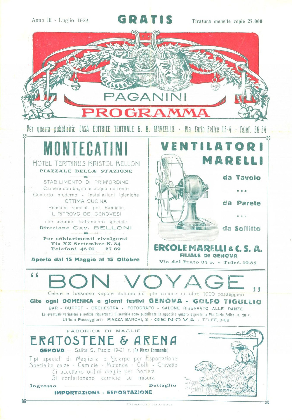 Materiale pubblicitario d’epoca 1923 GENOVA Teatro PAGANINI Serata d addio Cosacchi del KUBANY Programma 1