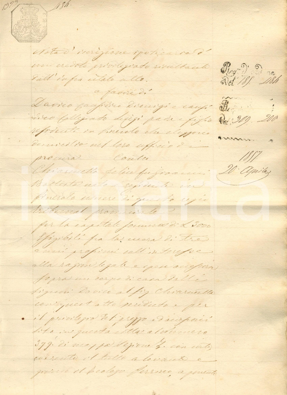 Documento originale, autentico 1857 PINEROLO (TO) Causidico Dionigi DAVICO contro debitore Felice CHIARMELLA 1