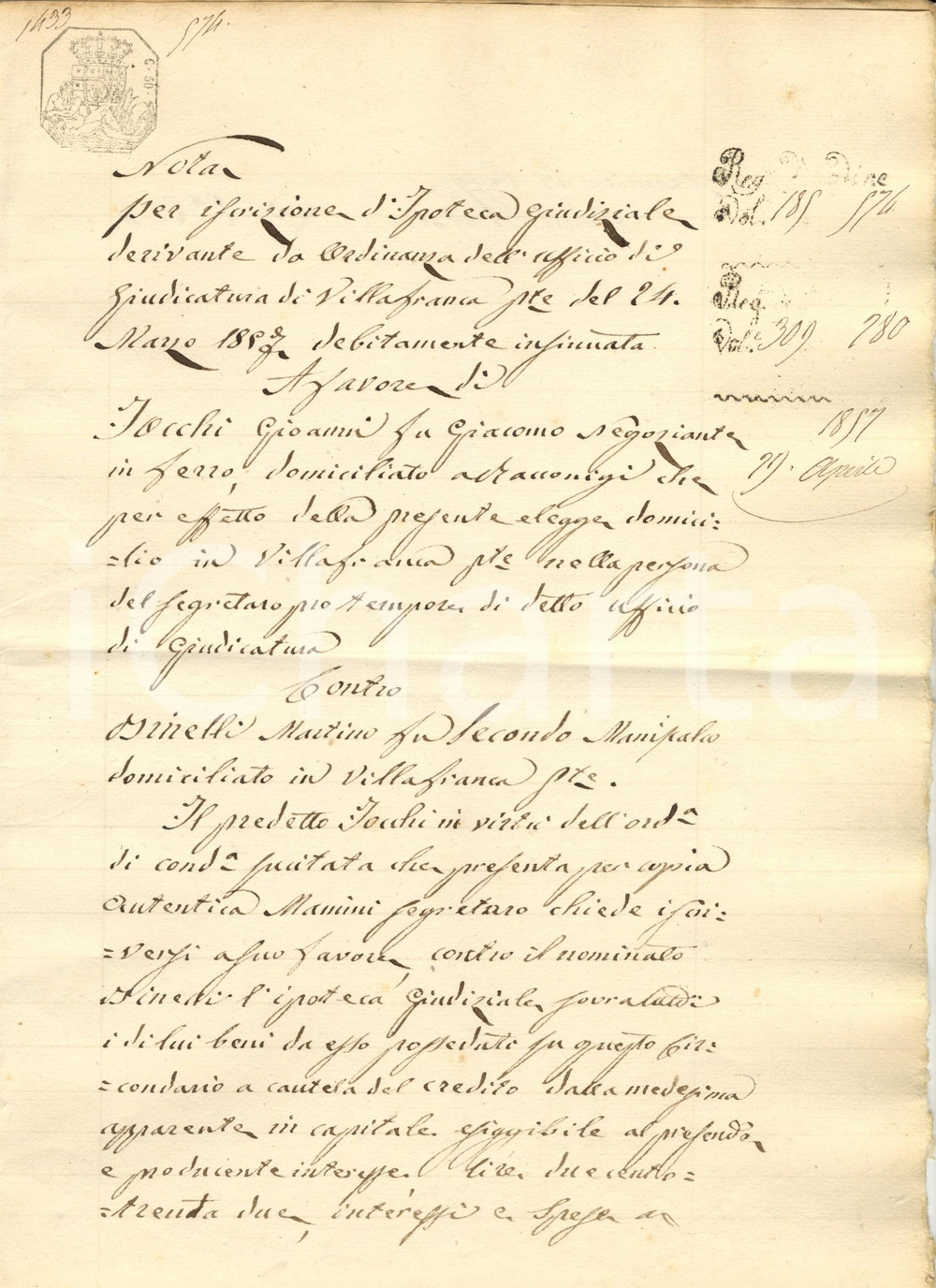 Documento originale, autentico 1857 VILLAFRANCA DI PINEROLO (TO) Giovanni TOCCHI vs debitore Martino BINELLI 1