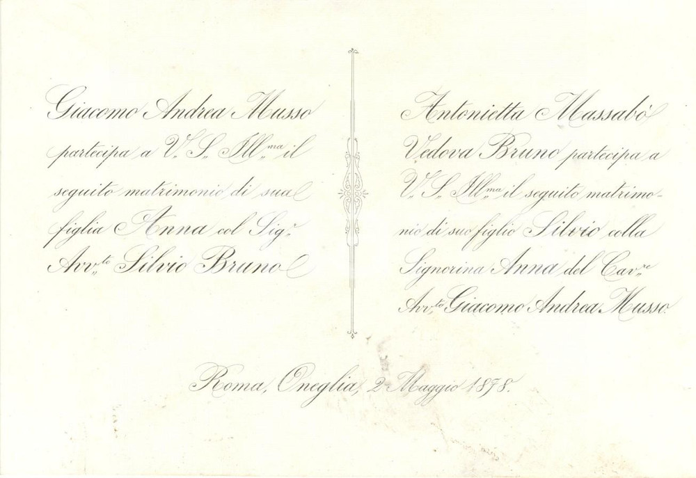 Oggetto da collezione cartaceo 1878 ONEGLIA (IM) Nozze Anna MUSSO - Avv. Silvio BRUNO *Partecipazione 1