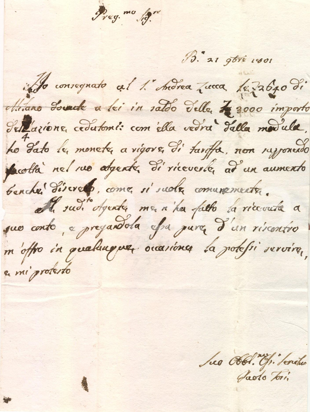 Documento originale, autentico 1801 BRESCIA Paolo TOSI salda credito ad Andrea ZUCCA *Manoscritto 1
