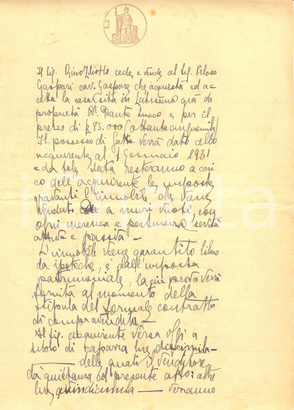 Documento originale, autentico 1930 LATISANA UD Rino ZILIOTTO vende casa a Gaspare PELOSO GASPARI 1