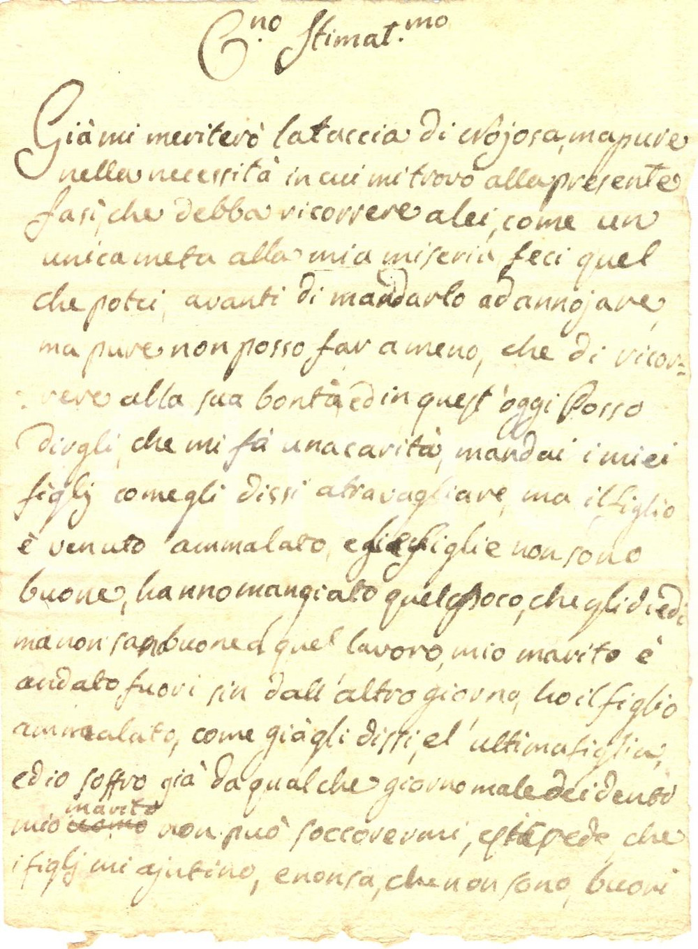 Documento originale, autentico 1770 ca TORINO Anna COSSO in estrema miseria cerca di vendere i beni Lettera 1