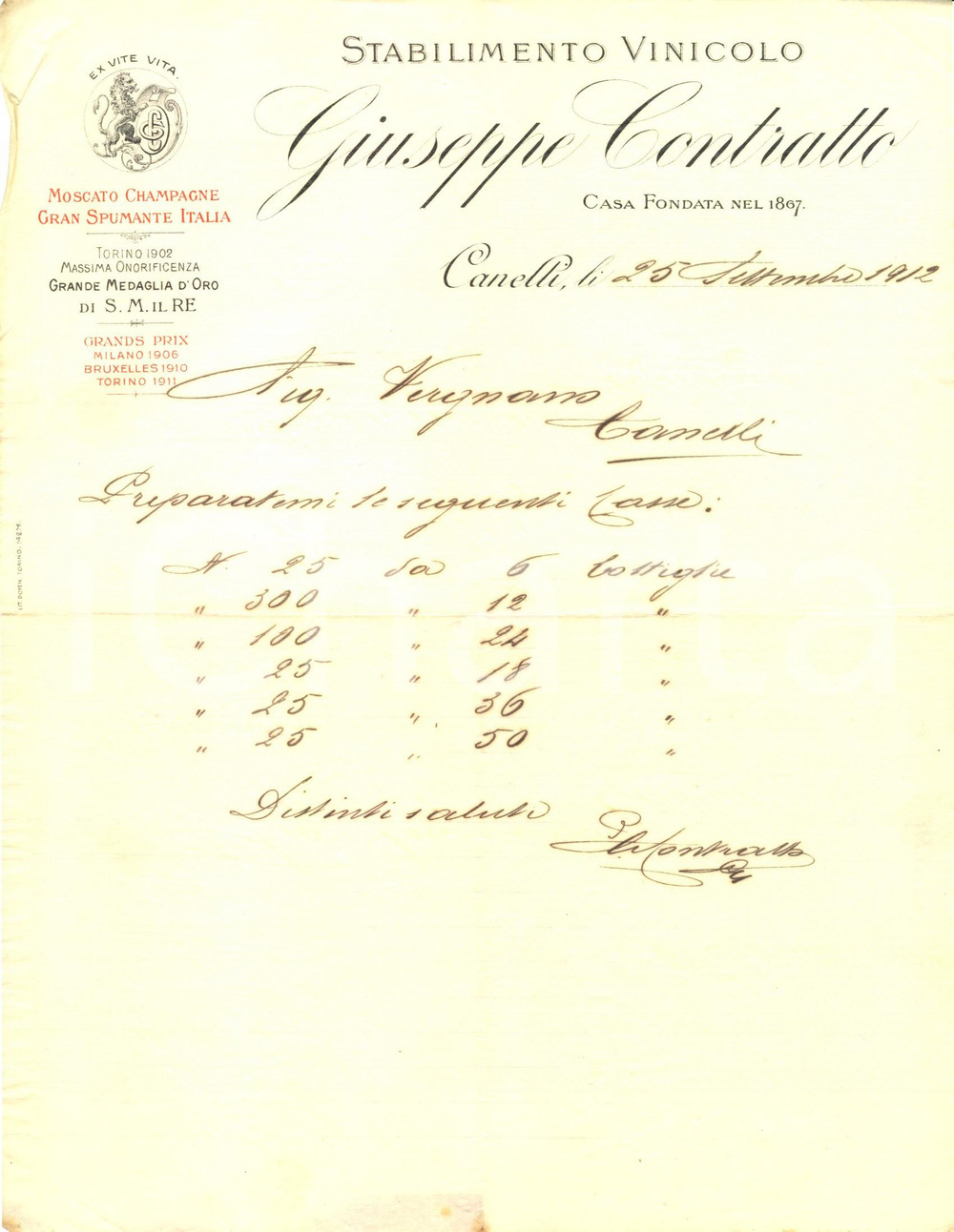 Documento originale, autentico 1912 CANELLI AT Stabilimento Vinicolo Giovanni CONTRATTO ordina bottiglie 1