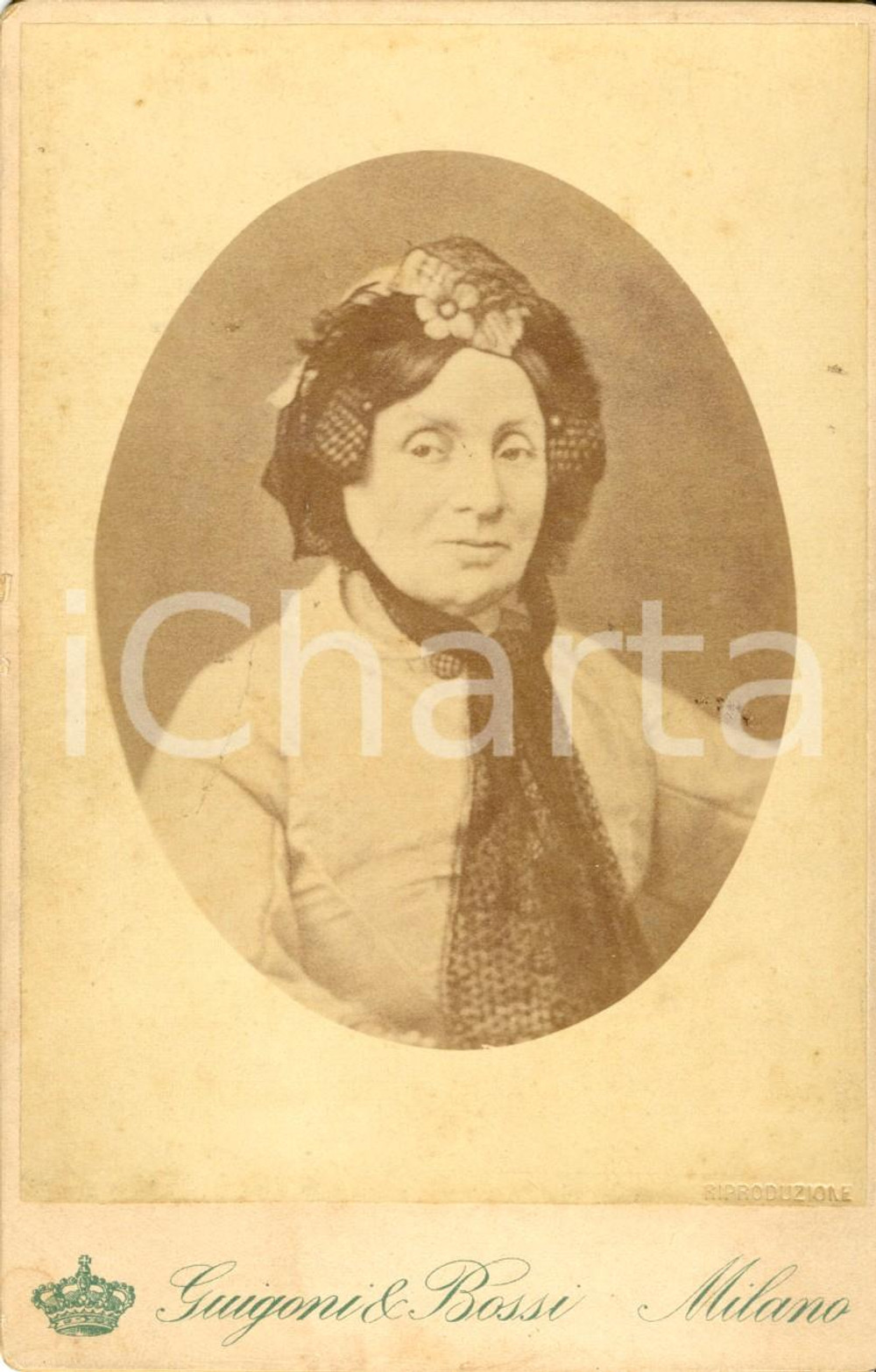 Fotografia d epoca originale 1900 ca MILANO Ritratto di donna con cuffietta a fiori Foto GUIGONI & BOSSI 1