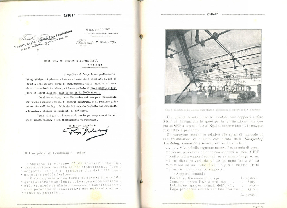 Materiale pubblicitario d’epoca 1927 MILANO SKF Macchine per industria tessile Pubblicitario ILLUSTRATO 1