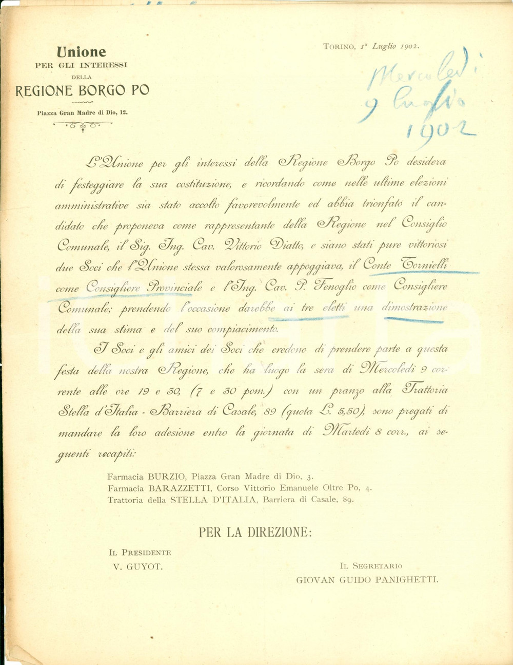 Documento originale, autentico 1902 TORINO Unione BORGO PO Pranzo onore Trattoria STELLA ITALIA Barriera CASALE 1