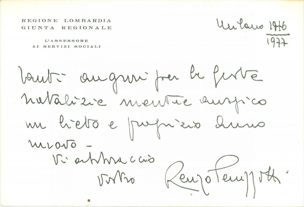 Autografo originale 1976 MILANO Auguri di Natale da Renzo PERUZZOTTI assessore AUTOGRAFO 1