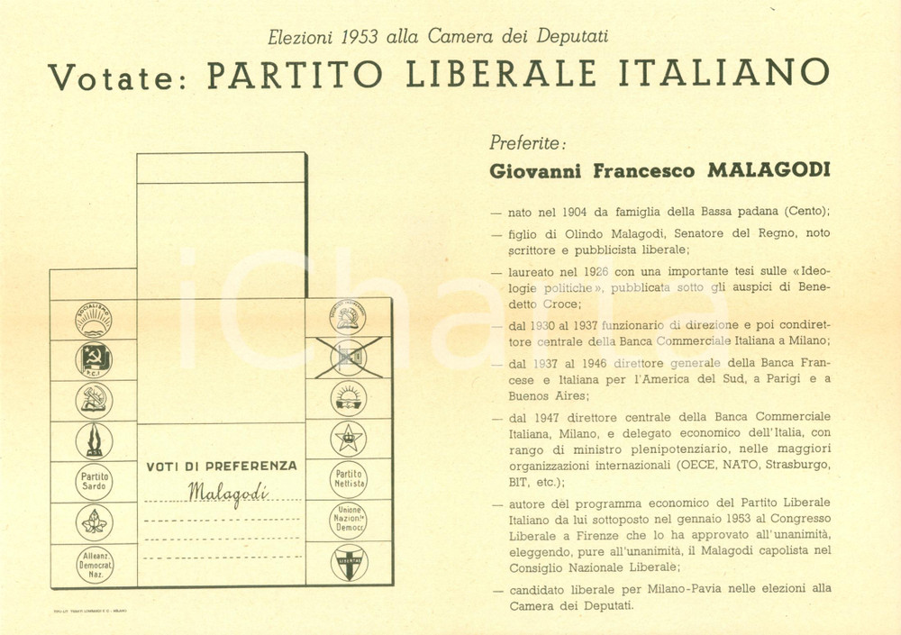 Materiale pubblicitario d’epoca 1953 MILANO ELEZIONI POLITICHE Votate PLI Giovanni Francesco MALAGODI Volantino 1