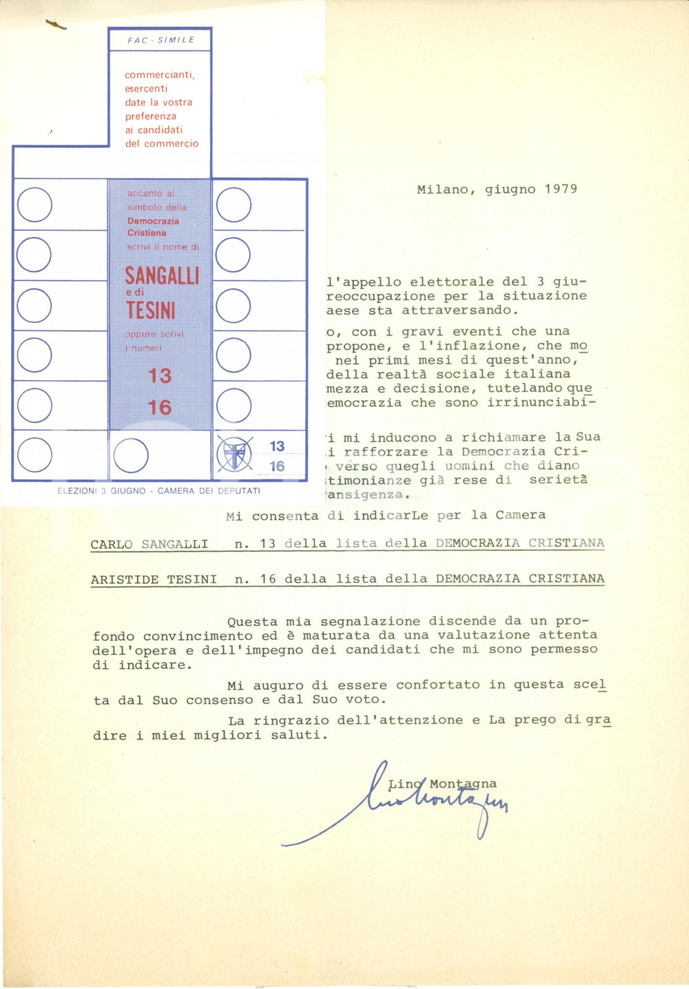 Materiale pubblicitario d’epoca 1979 MILANO ELEZIONI POLITICHE DC Lino MONTAGNA vs terrorismo e inflazione 1