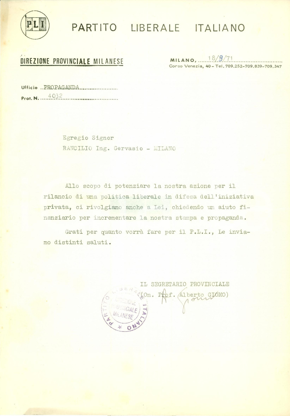 Materiale pubblicitario d’epoca 1971 MILANO PROPAGANDA POLITICA PLI per incrementare iniziativa privata 1