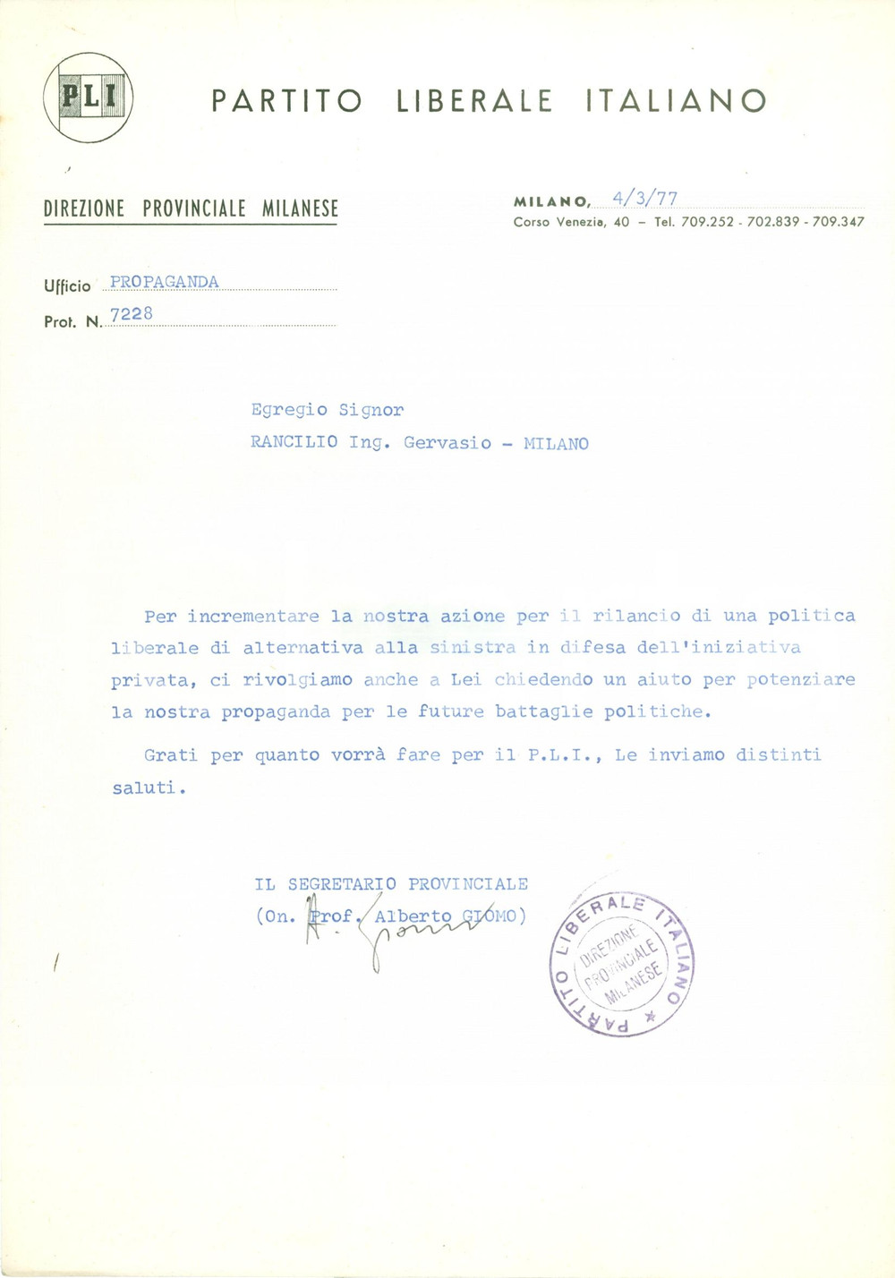 Materiale pubblicitario d’epoca 1977 MILANO PROPAGANDA POLITICA PLI come alternativa alla sinistra 1