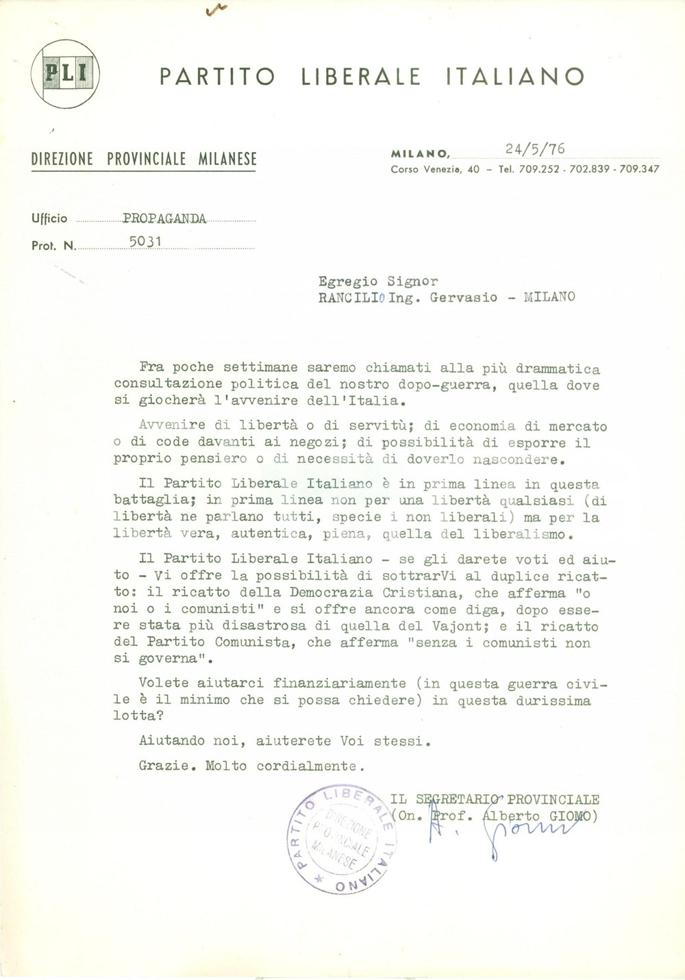 Materiale pubblicitario d’epoca 1976 MILANO PROPAGANDA POLITICA PLI La DC più disastrosa del VAJONT Lettera 1