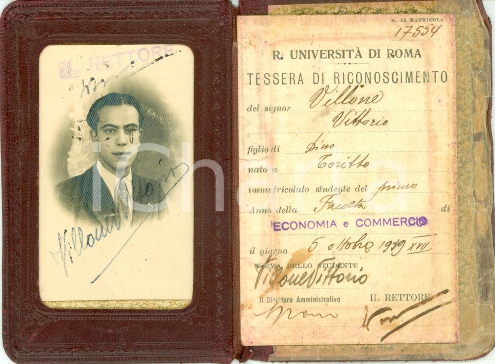 Oggetto da collezione cartaceo 19391943 ROMA R. Università  Tessera di Vittorio VILLONE con FOTOGRAFIA 1