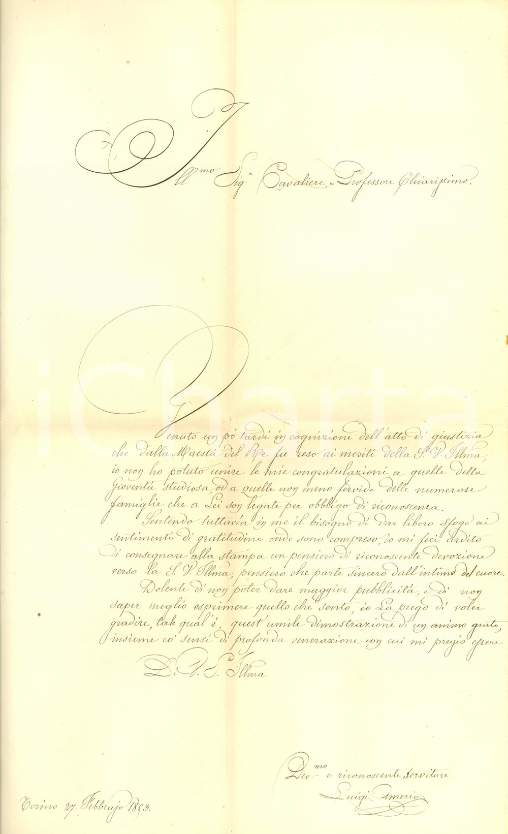 Documento originale, autentico 1893 TORINO Luigi AMERIO pubblica articolo di congratulazioni a professore 1