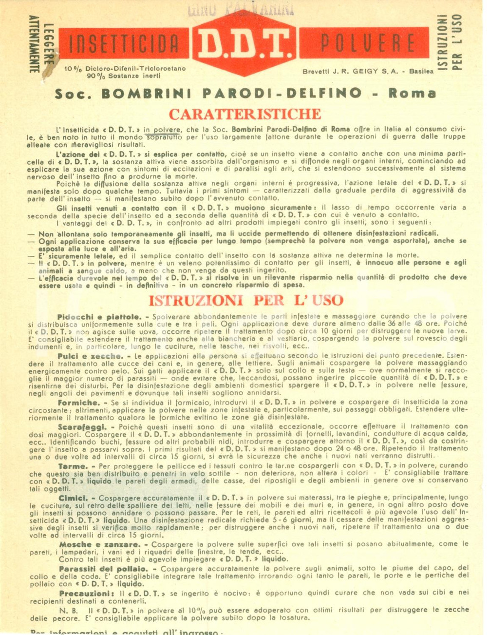 Materiale pubblicitario d’epoca 1940 ca ROMA Ditta BOMBRINI PARODI DELFINO Insetticida DDT Volantino 1