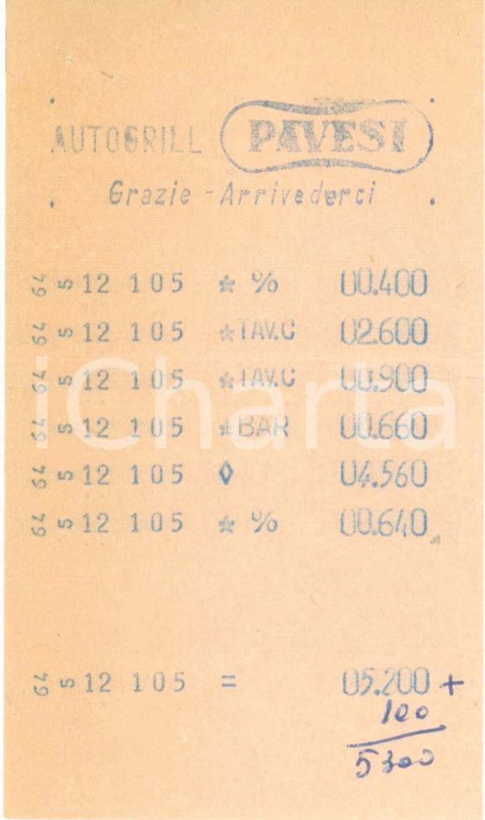 Materiale pubblicitario d’epoca 1964 AUTOGRILL PAVESI Scontrino per consumazione *RARO 1