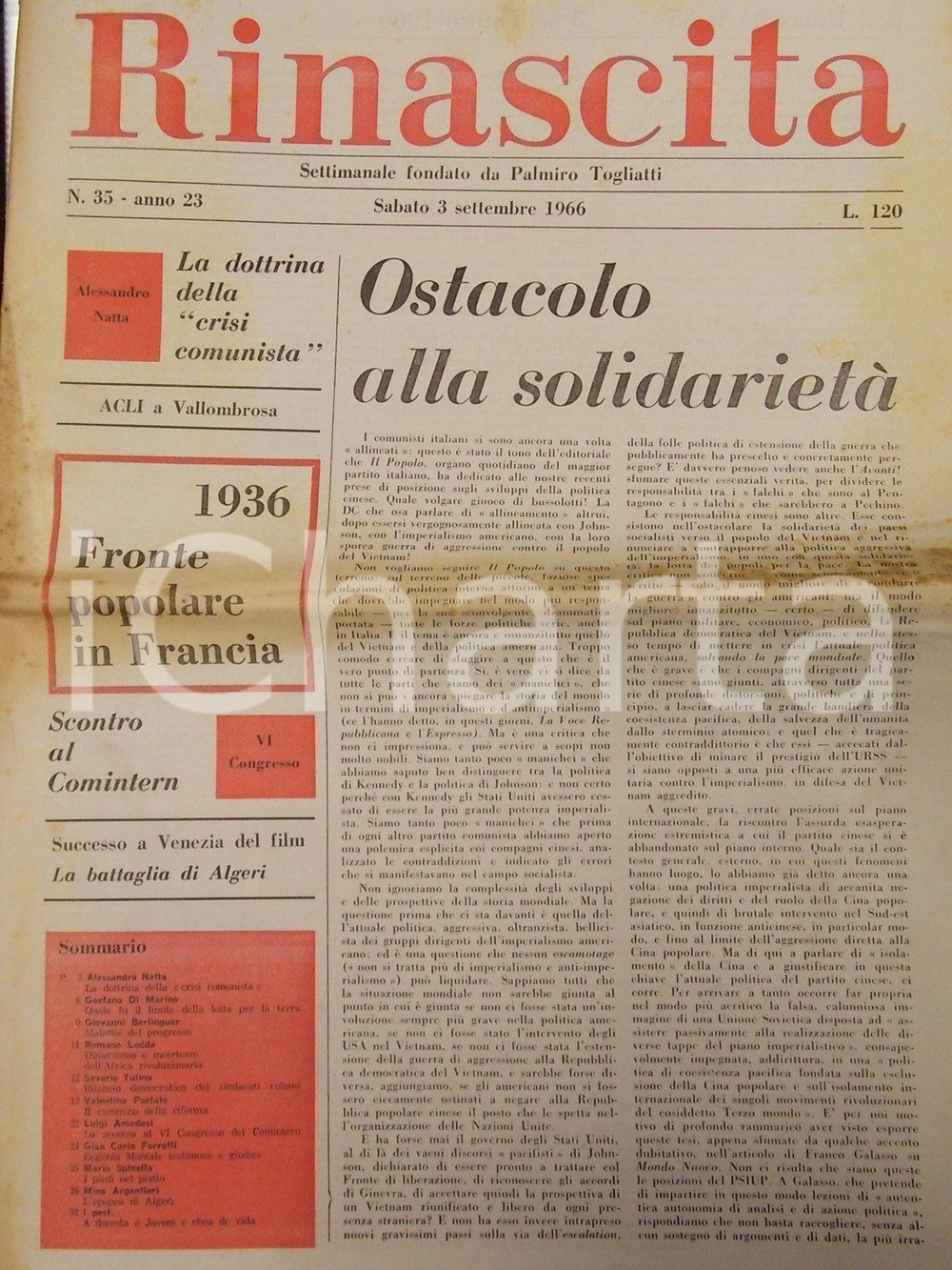 Giornale, rivista storica 1966 RINASCITA Gian Carlo FERRETTI Eugenio MONTALE testimone e giudice Giornale 1