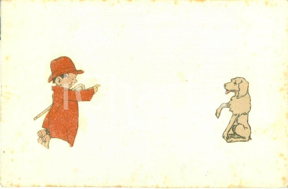 Stampa, bozzetto originale 1930 ca GENOVA Piccolo dandy con cane bozzetto cartolina Cesare MAXERA 1