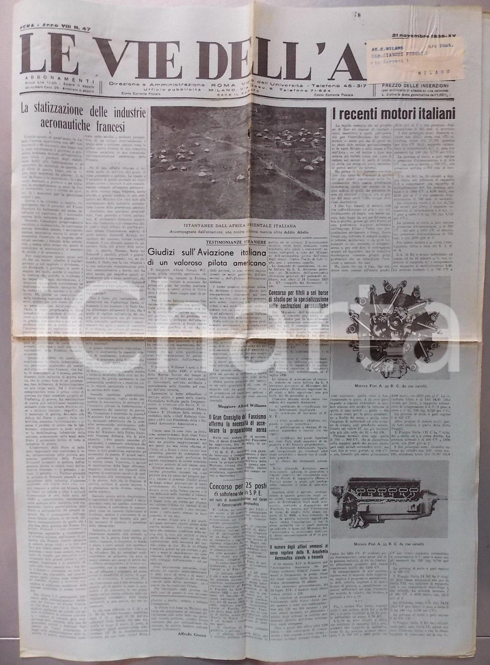 Giornale, rivista storica 1936 LE VIE DELL ARIA Nuovi motori aeronautici FIAT aviazione italiana 1