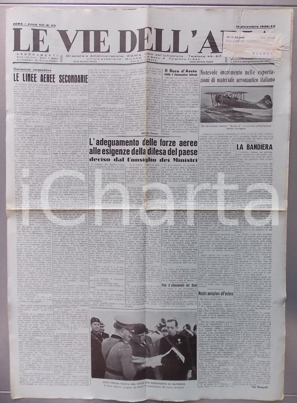 Giornale, rivista storica 1936 LE VIE DELL ARIA Aeroplani italiani BREDA esportati all estero Giornale 1