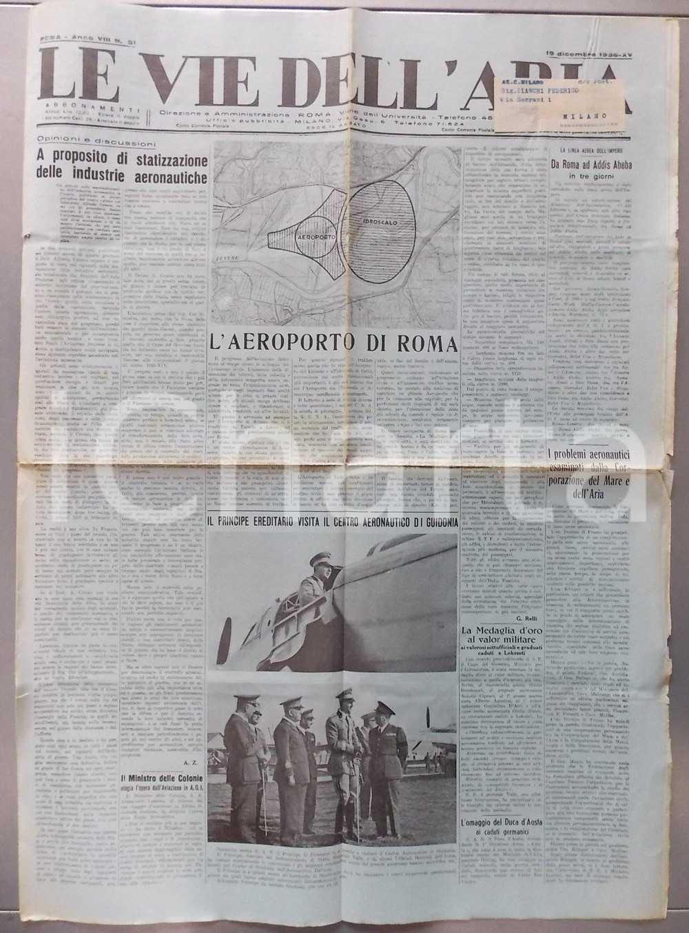 Giornale, rivista storica 1936 LE VIE DELL'ARIA Ampliamento aeroporto del LITTORIO a ROMA *Giornale 1