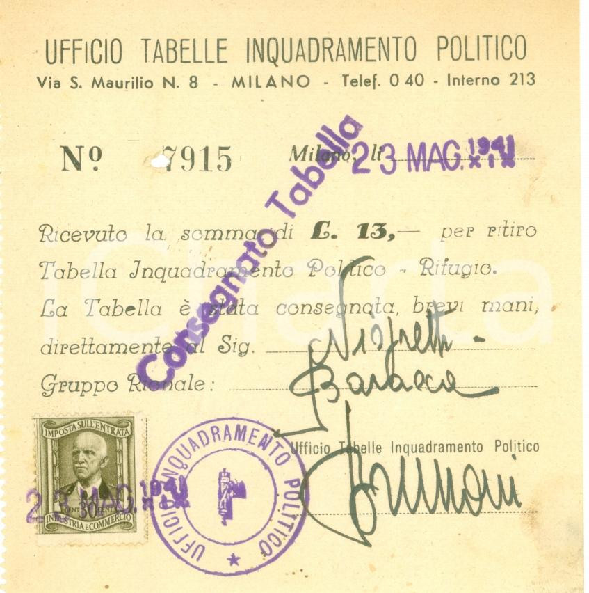 Documento originale, autentico 1941 MILANO WWII Antonio NIGRETTI Gruppo Rionale BARACCA Inquadramento politico 1