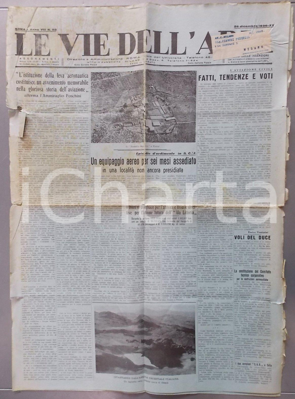 Giornale, rivista storica 1936 LE VIE DELL ARIA Equipaggio aereo italiano assediato a CIULUL DANNEGGIATO 1