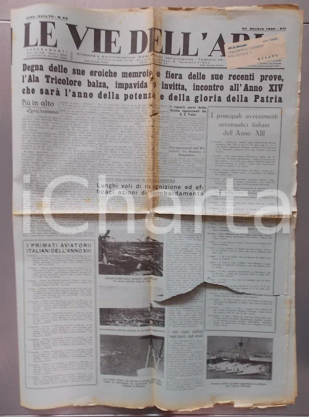 Giornale, rivista storica 1935 LE VIE DELL ARIA Progressi Ala Tricolore Italiana GRAVEMENTE DANNEGGIATO 1