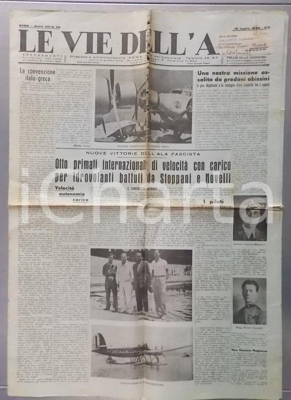 Giornale, rivista storica 1936 LE VIE DELL ARIA Antonio LOCATELLI Vincenzo MAGLIOCCO caduti a LEKEMTI 1