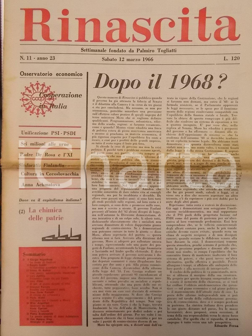 Giornale, rivista storica 1966 RINASCITA Giorgio NAPOLITANO Fretta di fondersi tra PSI e PSDI Giornale 1