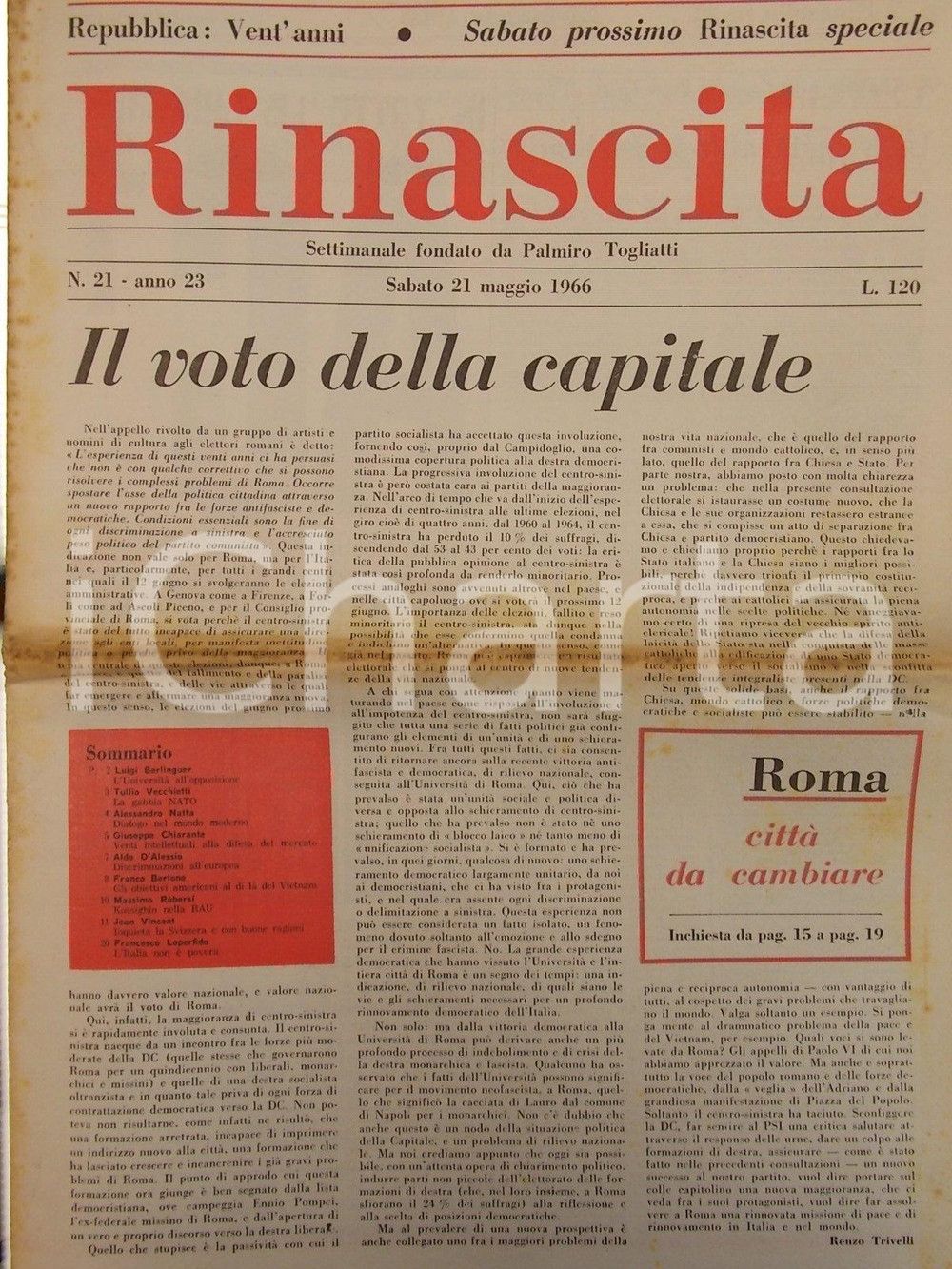 Giornale, rivista storica 1966 RINASCITA Luigi BERLINGUER Università all opposizione Rettorato PAPI 1