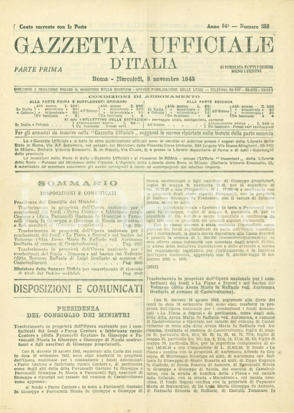 Documento originale, autentico 1943 GAZZETTA UFFICIALE Parco CENTORE trasferito a Opera Nazionale Combattenti 1