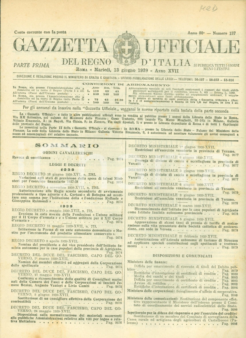 Documento originale, autentico 1939 GAZZETTA UFFICIALE Divieti di caccia e uccellagione a TERAMO e VERCELLI 1
