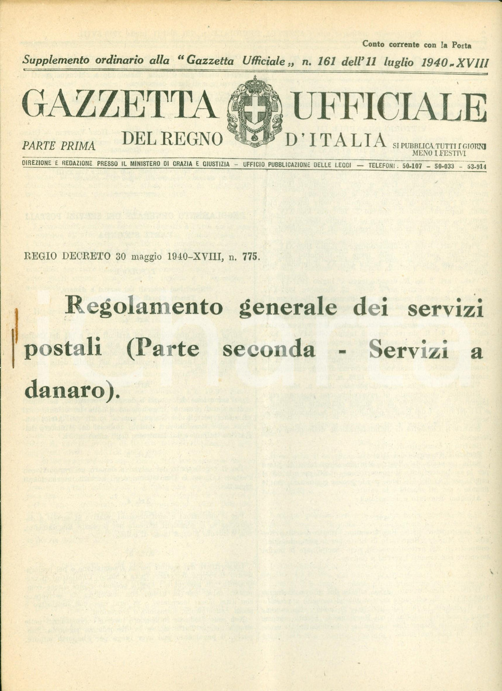 Documento originale, autentico 1940 GAZZETTA UFFICIALE Regolamento generale servizi postali Servizi a danaro 1
