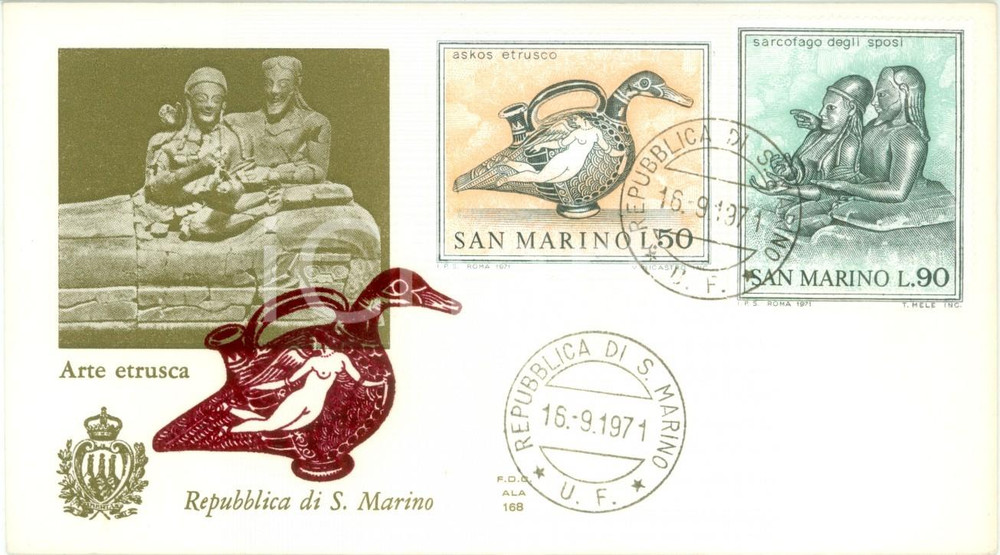 Materiale pubblicitario d’epoca 1971 REPUBBLICA SAN MARINO Arte etrusca con annullo BUSTA PRIMO GIORNO 1