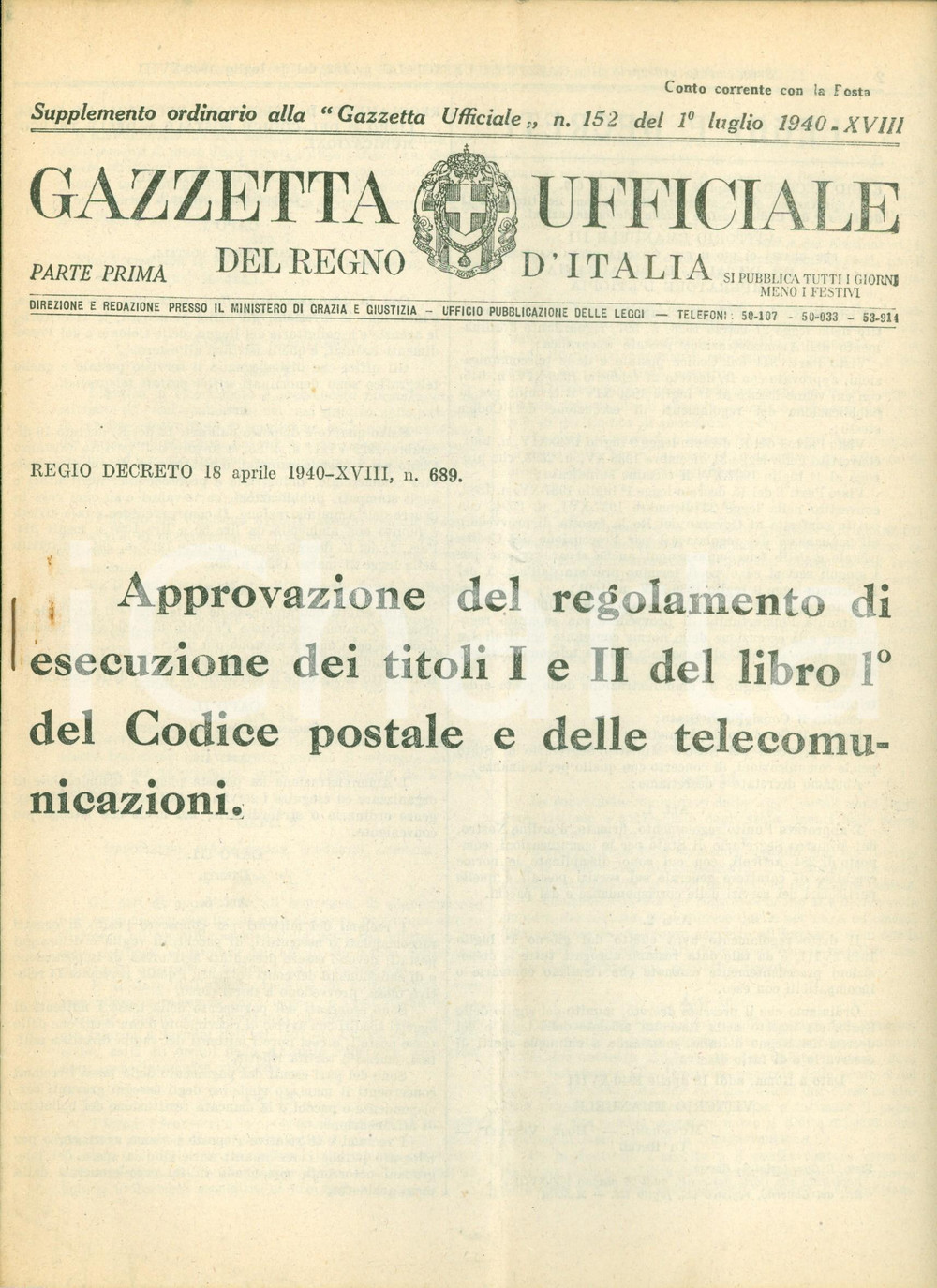 Documento originale, autentico 1940 GAZZETTA UFFICIALE Approvazione regolamento Codice postale 1