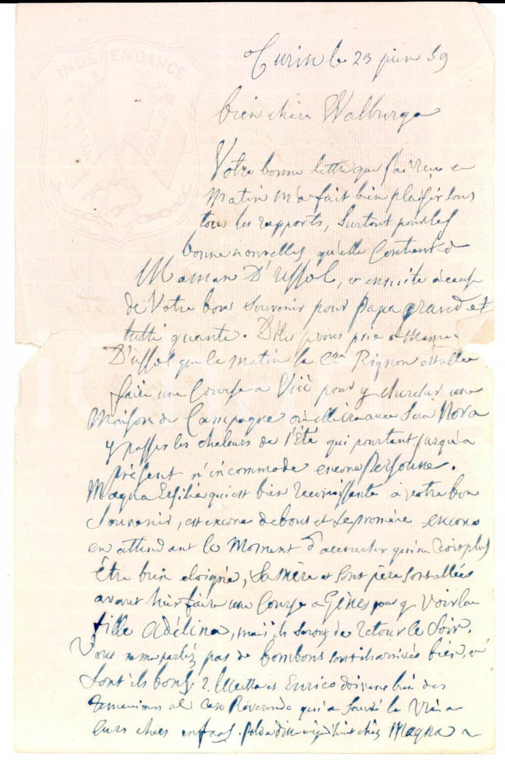 Autografo originale 1859 TORINO Marchese DEL CARRETTO DI MONCRIVELLO FILIGRANA INDIPENDENZA ITALIA 1