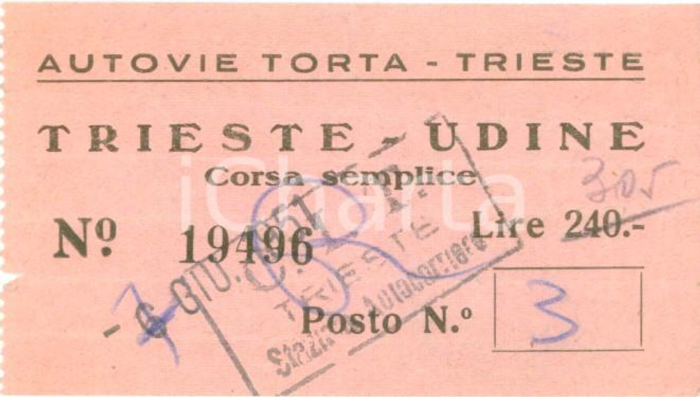 Oggetto da collezione cartaceo 1951 TRIESTE Autocorriere AUTOVIE TORTA per UDINE Biglietto vidimato 1