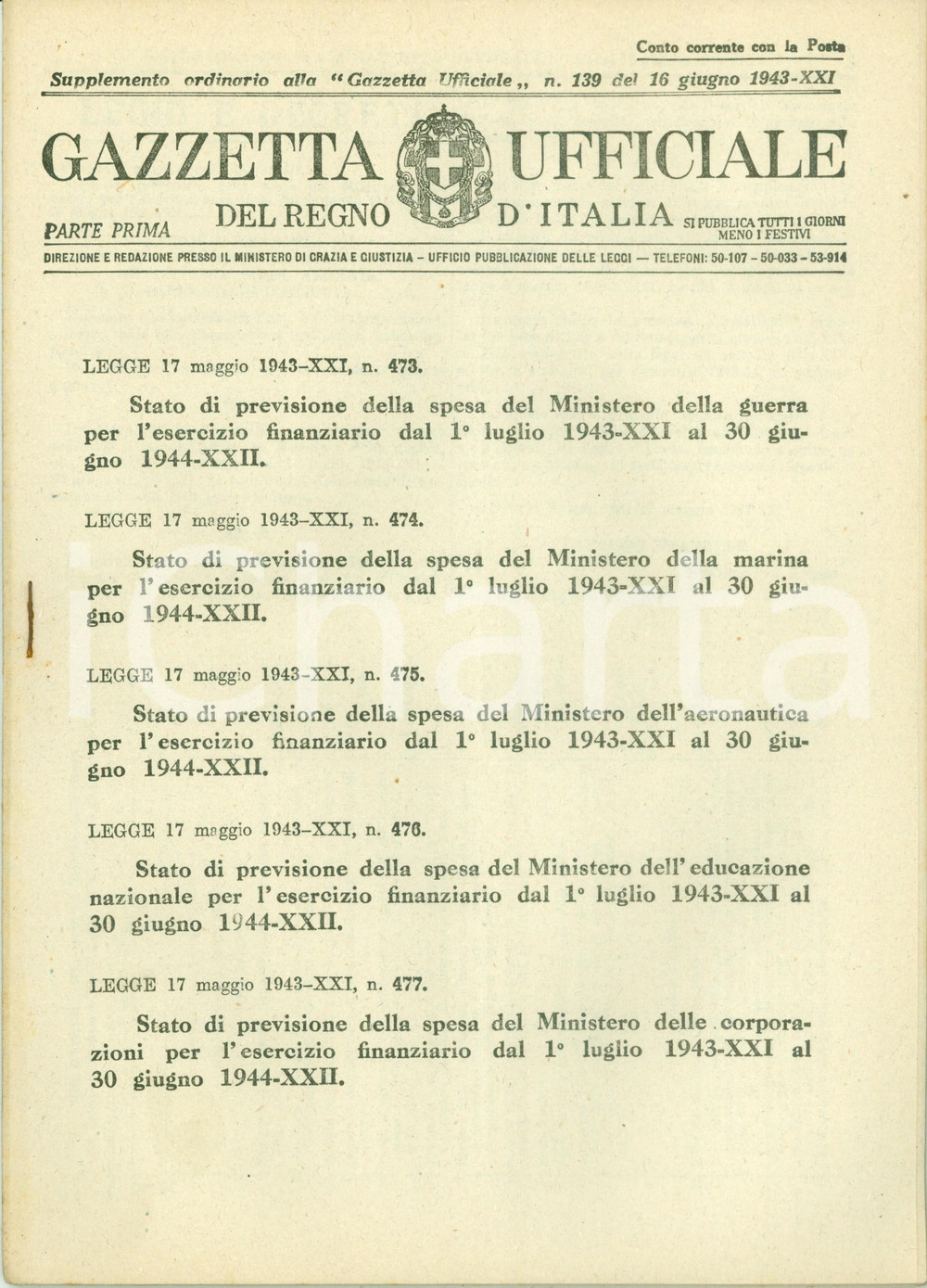 Documento originale, autentico 1943 GAZZETTA UFFICIALE WWII Previsioni spese Ministeri GUERRA e MARINA 1