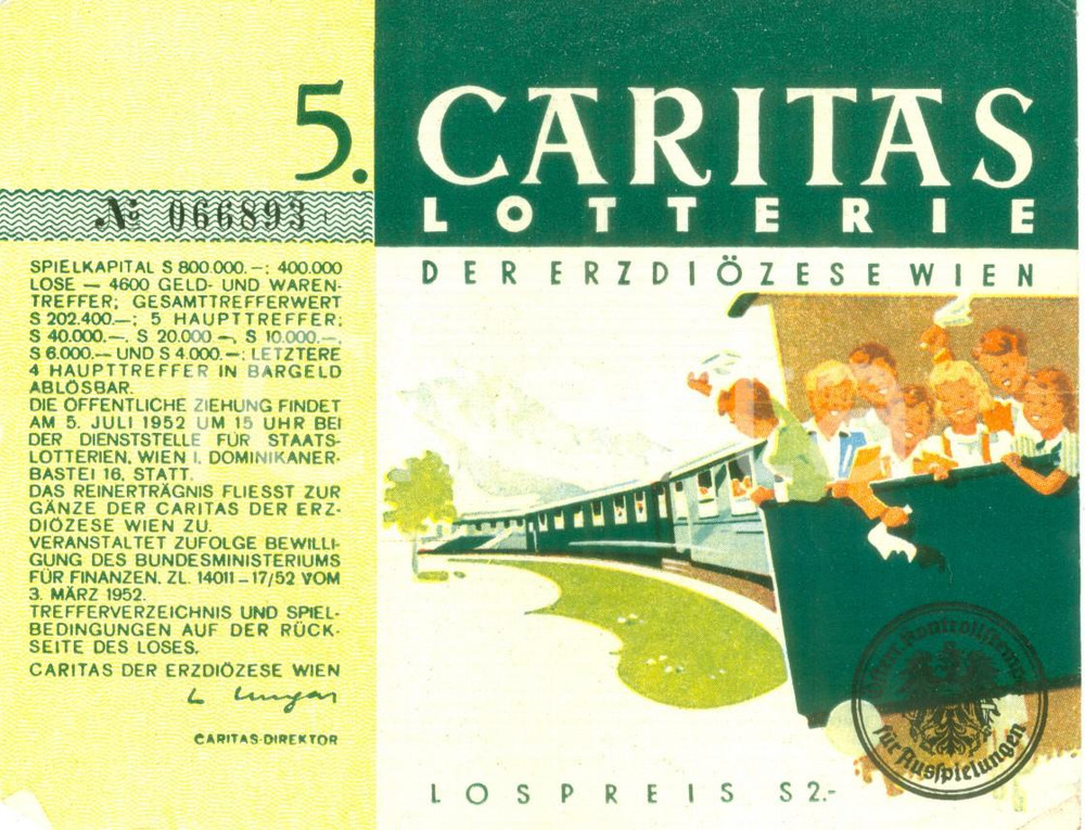 Oggetto da collezione cartaceo 1952 WIEN Lotteria CARITAS dell'Arcidiocesi *Biglietto ILLUSTRATO 1