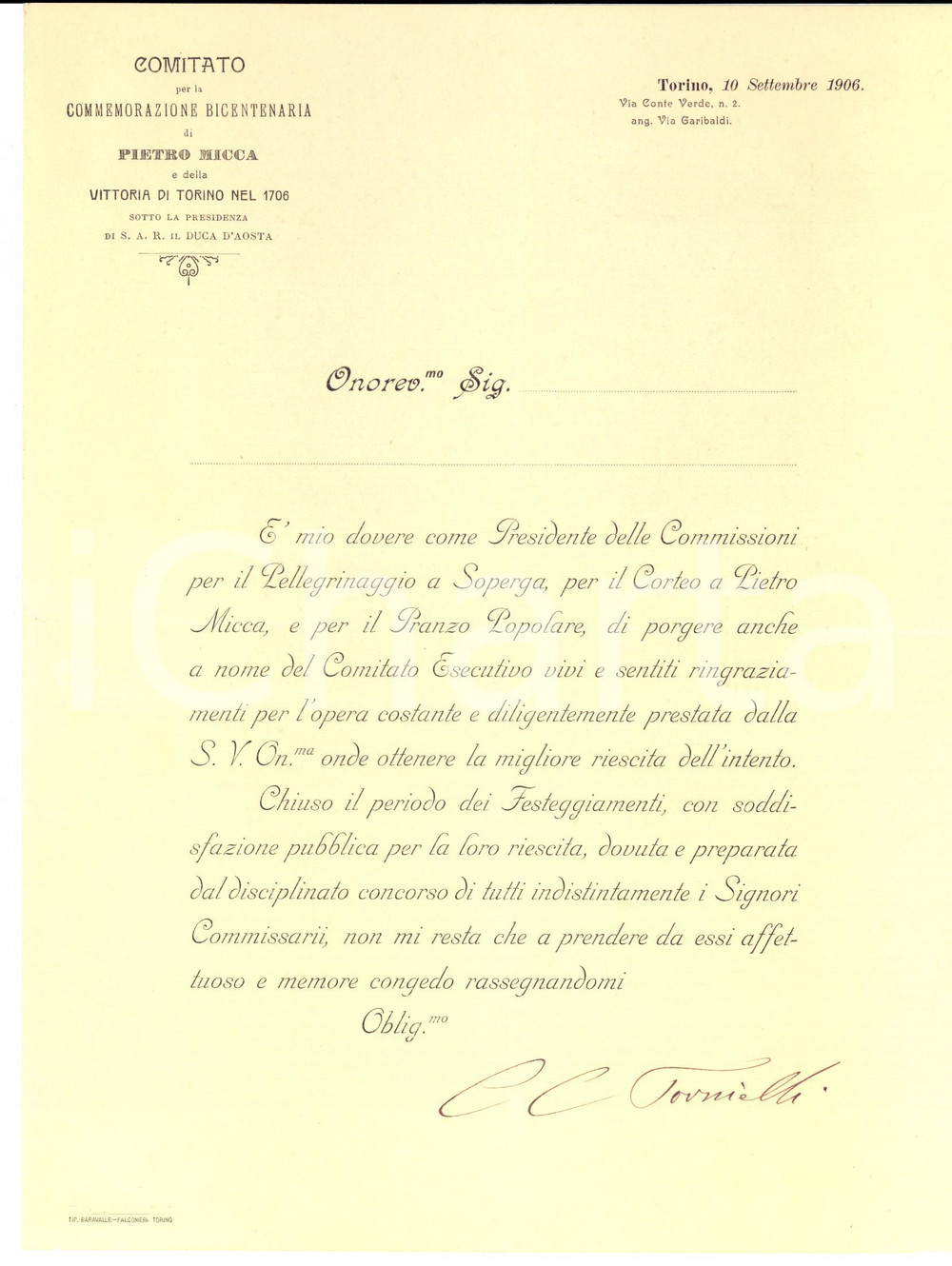 Manoscritto, lettera originale 1906 TORINO Ringraziamenti corteo a Pietro MICCA *Autografo Celestino TORNIELLI 1