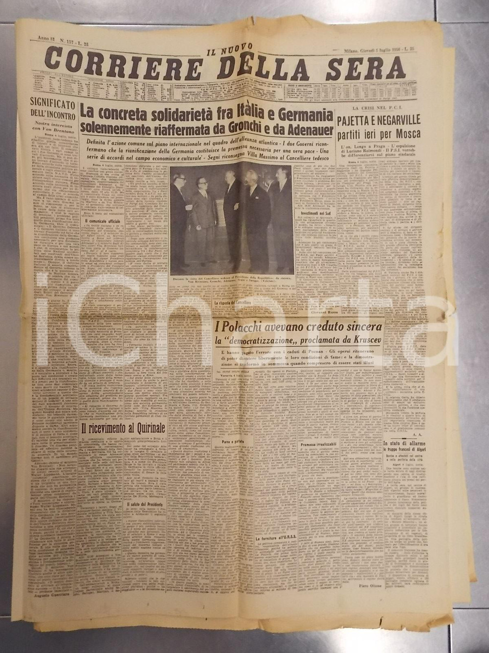 Giornale, rivista storica 1956 CORRIERE SERA Giovanni GRONCHI Konrad ADENAUER solidarietà italotedesca 1
